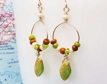 Pretty Little Leaves Glass and Gold Earrings, Green and Gold Earrings
