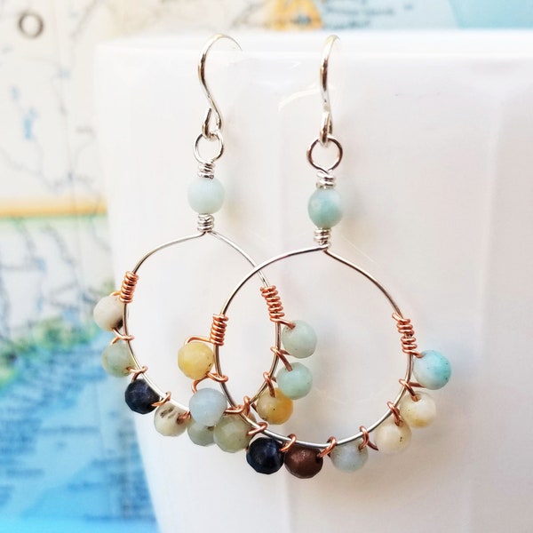 Amazonite, Sterling and Copper Wire Wrapped Earrings - Amazonite Earrings