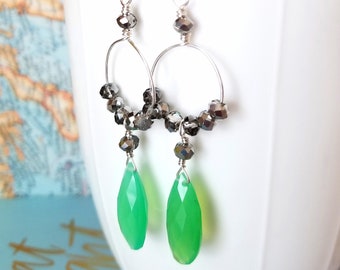 Green Quartz, Crystal and Sterling Earrings - Green Chalcedony Quartz Earrings - Green and Silver Earrings