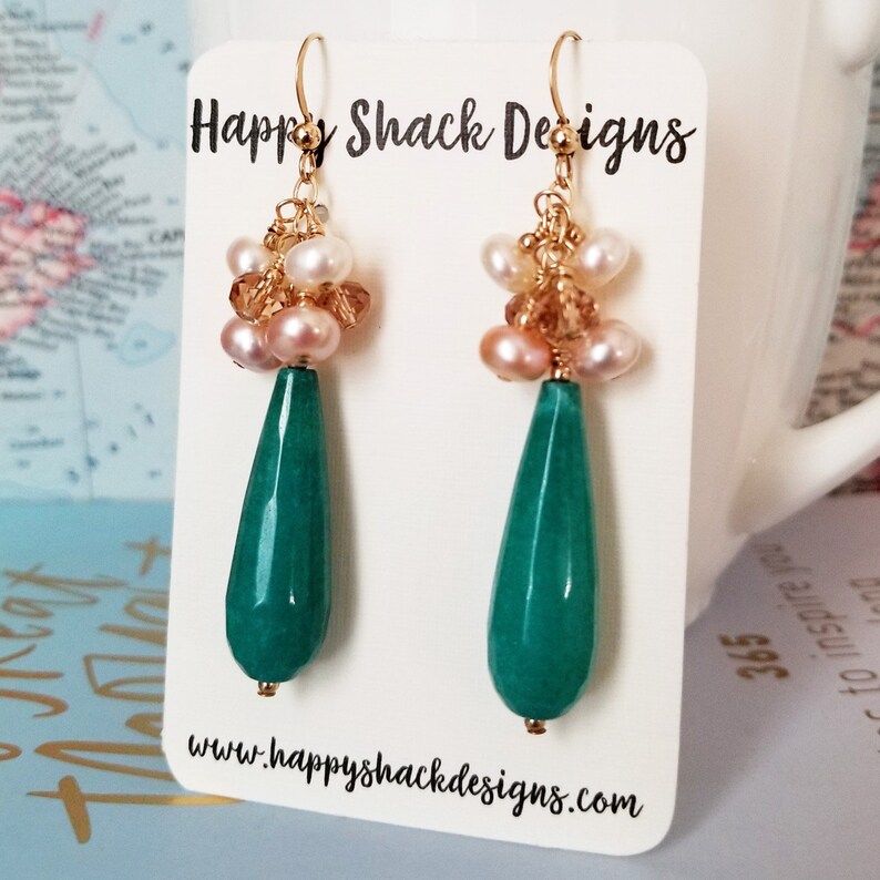 Boucles doreilles Golden Jade et Pearl Statement Deep Aqua Jade and Pearls Boucles doreilles Pearl Statement Unique en son genre OOAK Happy Shack Designs image 3