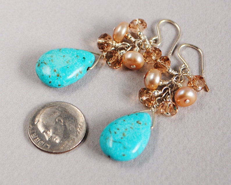 Turquoise Sunrise Gemstone Earrings Turquoise Briolette Earrings Pearls Sterling and Crystal Earrings Happy Shack Designs image 2