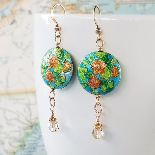 Green Cloisonne and Gold Earrings - Vintage Style Earrings - Floral Cloisonne Earrings - One of a Kind - OOAK - Happy Shack Designs