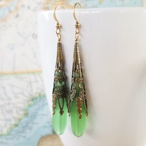 Green Vintage Style Earrings Green and Brass Earrings Peridot Teardrop Earrings August Birthday Happy Shack Designs image 6