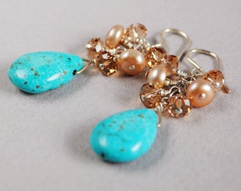 Turquoise Sunrise Gemstone Earrings - Turquoise Briolette Earrings - Pearls - Sterling and Crystal Earrings - Happy Shack Designs