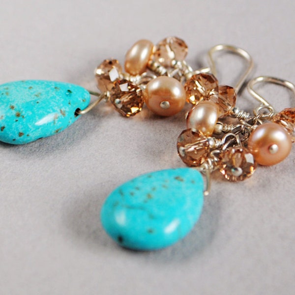 Turquoise Sunrise Gemstone Earrings - Turquoise Briolette Earrings - Pearls - Sterling and Crystal Earrings - Happy Shack Designs