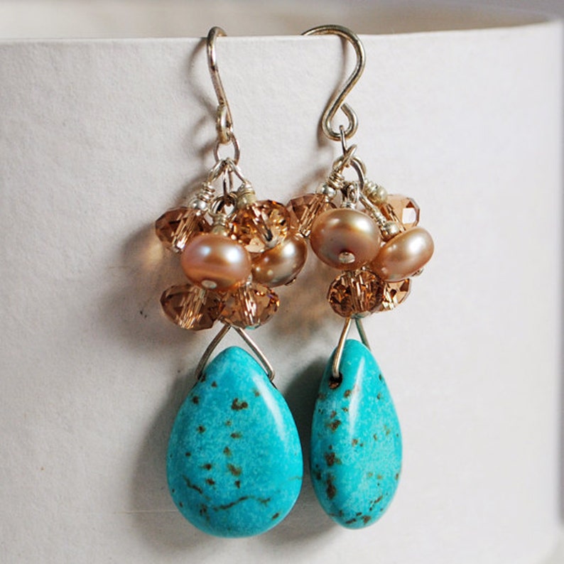 Turquoise Sunrise Gemstone Earrings Turquoise Briolette Earrings Pearls Sterling and Crystal Earrings Happy Shack Designs image 4