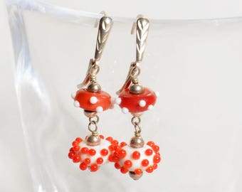 Jazzy Lampwork Earrings - Red and White Earrings - Red Lampwork Earrings - Red Sterling Silver Earrings - Happy Shack Designs