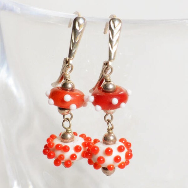 Jazzy Lampwork Earrings - Red and White Earrings - Red Lampwork Earrings - Red Sterling Silver Earrings - Happy Shack Designs