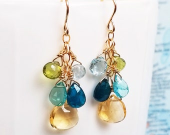 Citrine Gemstone Cluster Earrings - Apatite Earrings - Peridot Earrings - Blue Topaz - Aquamarine - Mixed Stone Earrings