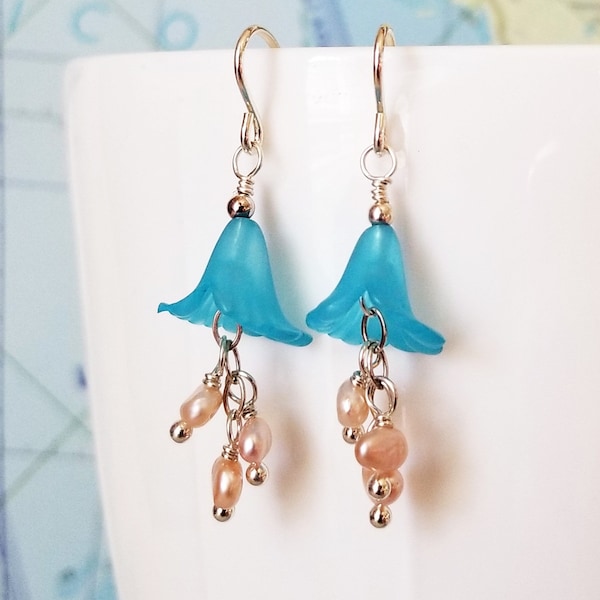 Blue Bell Floral and Pearl Earrings - Floral Earrings - Pearl Cluster Earrings - Happy Shack Designs