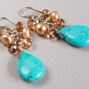 Turquoise Sunrise Gemstone Earrings Turquoise Briolette Earrings Pearls Sterling and Crystal Earrings Happy Shack Designs image 3