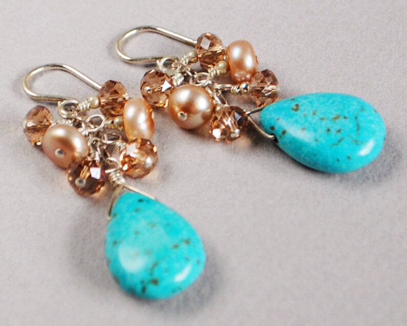 Turquoise Sunrise Gemstone Earrings Turquoise Briolette Earrings Pearls Sterling and Crystal Earrings Happy Shack Designs image 3