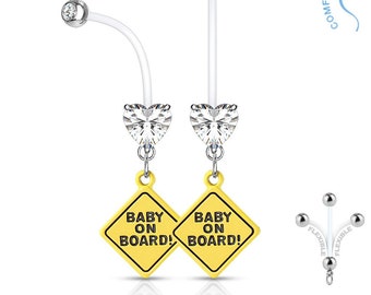 Baby On Board Charm & Crystal Heart, Double Jeweled Pregnancy - Maternity - Flexible  Belly Button Ring