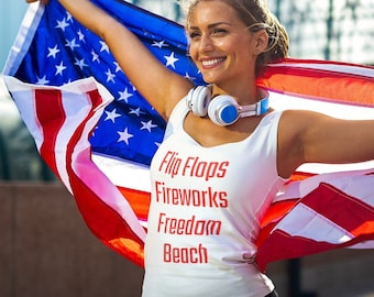 Patriotic Women's Tank Top, Independence Day 4th of July Workout Tank Top, Beach Racerback Tank Top for Women Flip Flops, Fireworks, Freedom