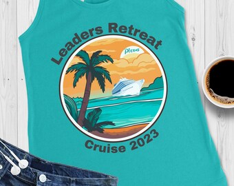 2XL Plexus Leaders Retreat Cruise 2023 Tank Top in Tahiti Blue. Round Sunset, Palm Trees, Cruise Ship, Racerback Casual Workout Tank Top