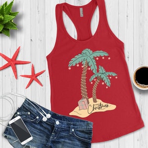 Beach Palm Tree Christmas Workout Tank Top,  Tropical Merry Christmas Women&#39;s Tank, Florida Coastal Christmas in July Shirt, Beachy Xmas