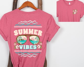 Summer Vibes Back Printed T-Shirt, Summer Vibes Front and Back Printed Beach Tropical Hibiscus Tee Shirt, Tropical Hibiscus Palm Tree Shirt