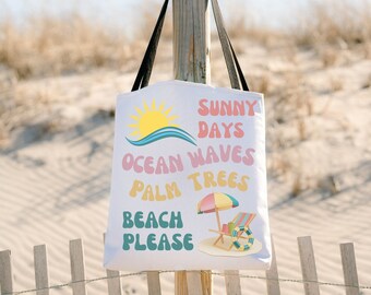 Beach Themed, Double Sided Beach Tote Bag | Sunny Days, Ocean Waves, Palm Trees, Beach Please, Beach Chair, Beach Time - Beach Trip Bag