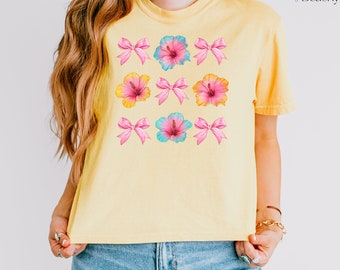 Coquette Hibiscus Pink Bow Crop Top Tee Shirt, Comfort Colors Hibiscus Flower Shirt, Tropical Hibiscus Bow Shirt Crop T-Shirt Womens