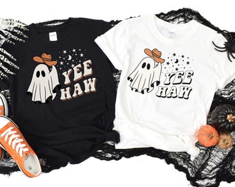 YeeHaw Halloween T-shirt, Country Western Retro Cowboy Hat Ghost T-shirt, Unisex Country Themed Heavy Cotton Halloween Tee, YeeHaw Ghost
