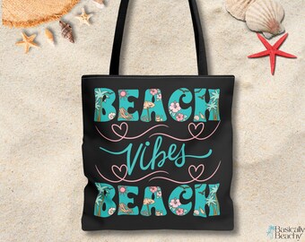 Beach Vibes Tropical Beach Themed Black Tote Bag, Beach Tote Bag Small Medium Large, Tropical Beachy  Vacation Black Tote Bag