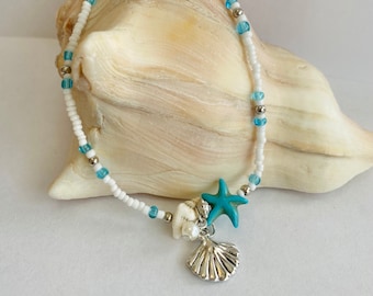 Starfish, Seashell Charm Anklet Turquoise and White | Starfish Ankle Bracelet  | Beach Vacation Anklet | Gift for Beach Lovers