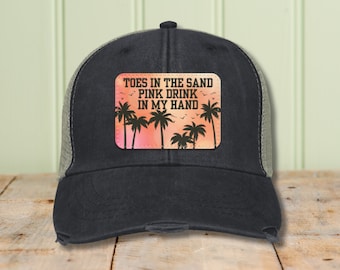 Toes in the Sand Pink In My Hand Plexus Baseball Cap Trucker Hat, Summer Tropical Beach Distressed Black Baseball Cap, Plexus Gift