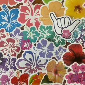 May include: A collection of colorful hibiscus flower stickers in various shades of red, pink, purple, yellow, and orange. Some stickers feature a hand gesture with a small pink flower. The stickers are arranged on a brown surface.