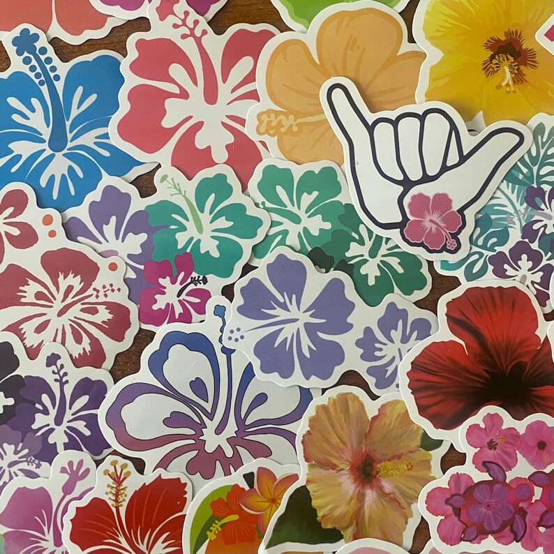 May include: A collection of colorful hibiscus flower stickers in various shades of red, pink, purple, yellow, and orange. Some stickers feature a hand gesture with a small pink flower. The stickers are arranged on a brown surface.