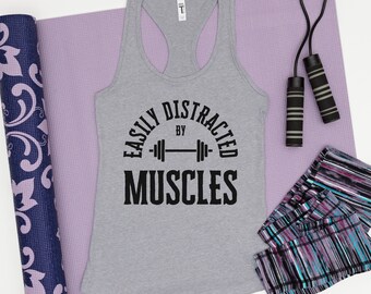 Graphic Womens Workout Tank Top Easily Distracted by Muscles Exercise Racerback Tank Top, Fitness Instructor Personal Trainer Gym Tank Top