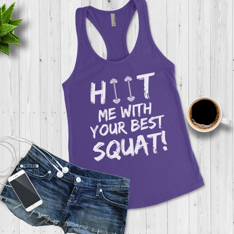 HIIT Workout Gym Tank Top, Funny Women's Workout Tank, HIIT Me With Your Best Squat, Fitness Instructor, Personal Trainer Gift, Fitness Solid Purple Rush