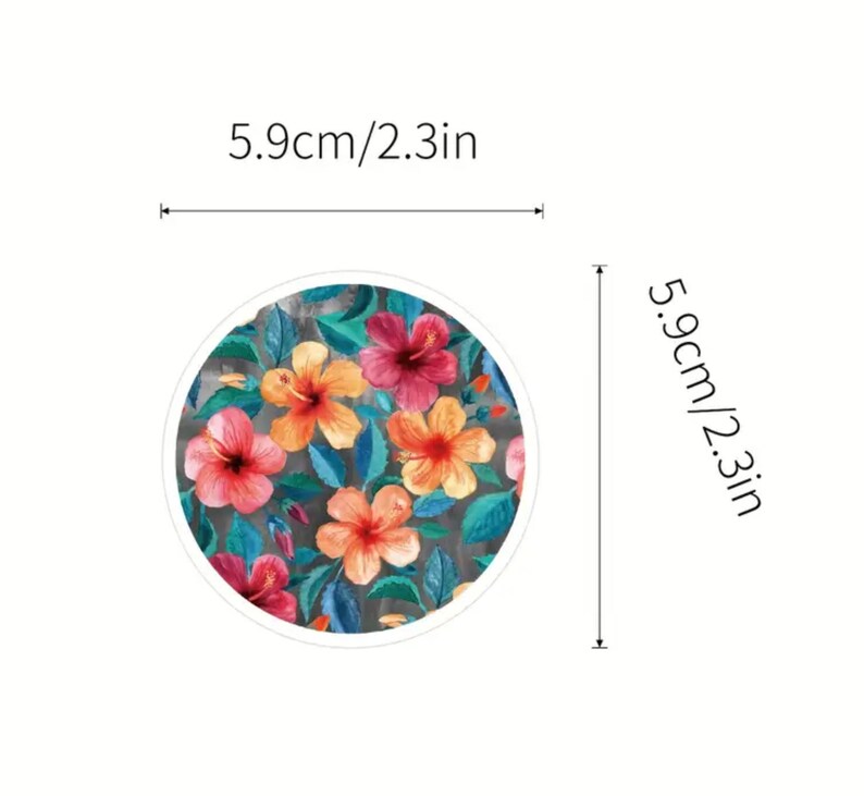 May include: Round floral design with hibiscus flowers in shades of red, orange, and yellow, surrounded by teal leaves. The design is 2.3 inches in diameter. The text on the image reads "5.9cm/2.3in".