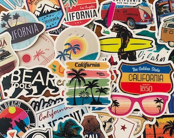 California Themed Stickers, Set of 50,  Waterproof California Decals,  San Diego, Surfer, California Decals, California Vacation Stickers