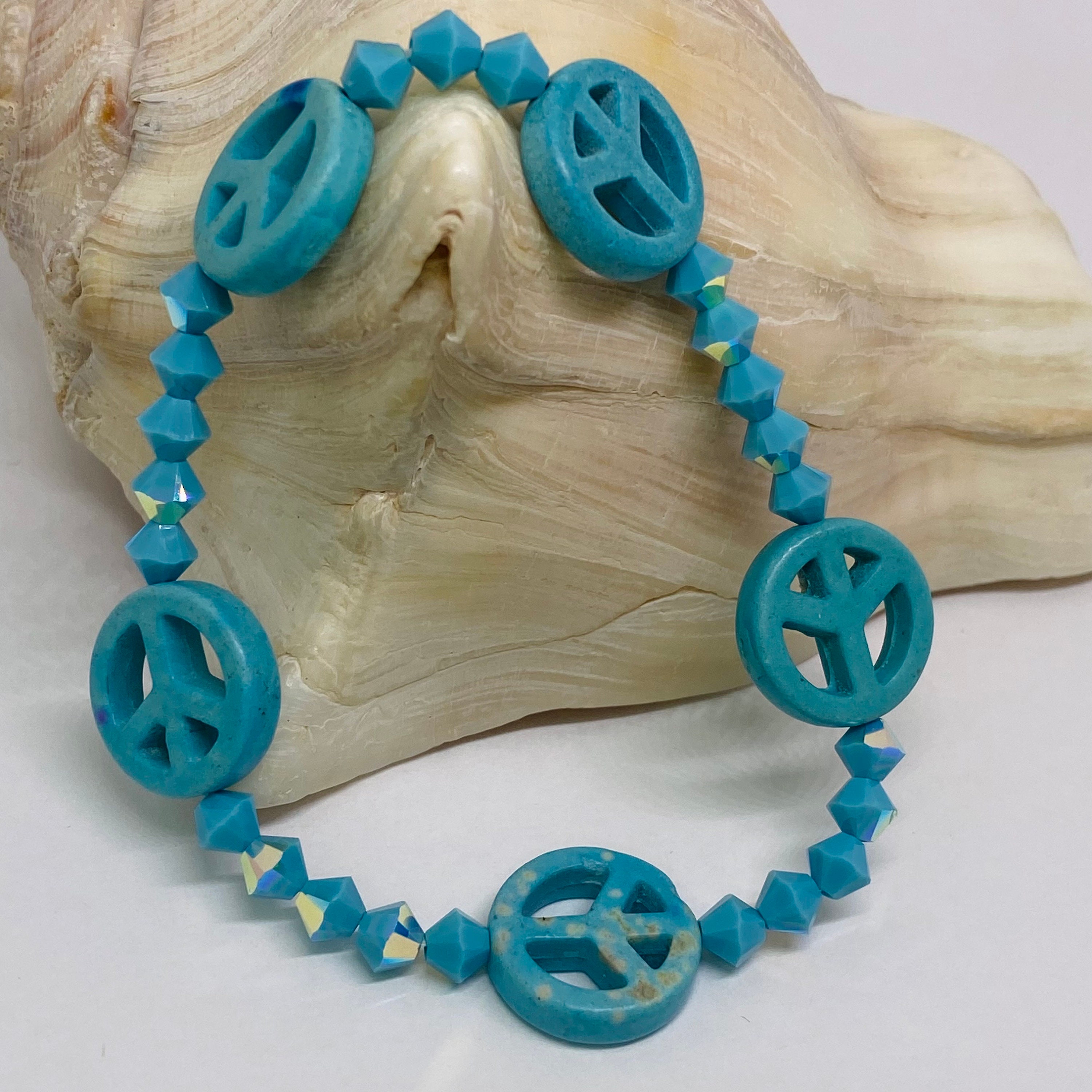 Turquoise Swarovski Crystal, Peace Sign Stretch Bracelet 