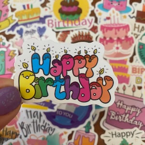 Happy Birthday Stickers Birthday Cake Party Decals, Set of 25 or 50, Waterproof Birthday Stickers for Invitations, Cups, Water bottles