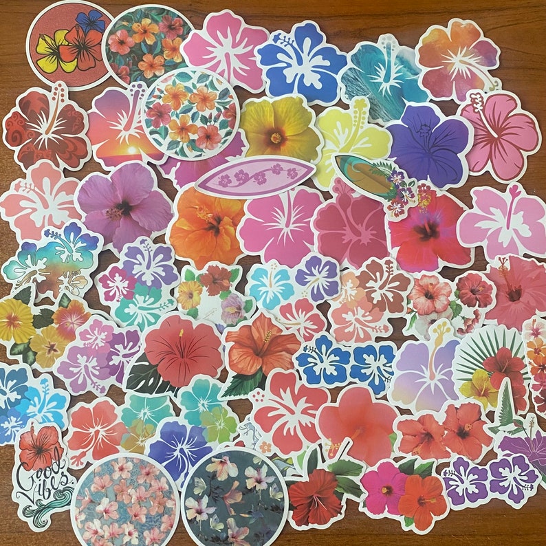 May include: A collection of colorful hibiscus flower stickers in various sizes and designs. The stickers feature shades of pink, red, orange, yellow, and blue. Some stickers have a sunset or surfboard design. The words "Good Vibes" are on one sticker.