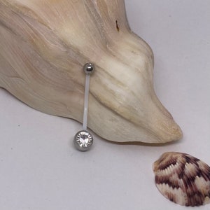 May include: A silver belly button ring with a clear crystal on one end and a silver ball on the other end.