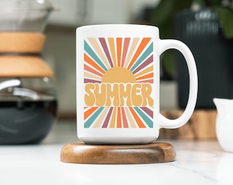 Summer Sun Rays Colorful 15oz White Ceramic Coffee Mug, Summer Themed Beachy Coffee Cup Gift, Summer Lover Coffee Mug Cup, Beachy Coffee Mug