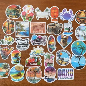 Tropical Hawaiian Beach Summer Palm Tree Sticker Set of 75, Hawaii Summer Vacation Vinyl Decal for water bottle phones parties crafts
