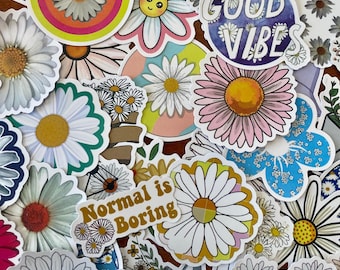 Flowers Daisies Good Vibes Sticker Set of 25 or 50, Daisy Flower Waterproof Stickers, Flower Decals  for Water Bottles, Crafts, Scrapbook