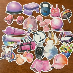 Fitness Exercise Gym Equipment Workout Sticker Set of 25 or 50, Waterproof Vinyl Exercise Fitness Themed Decals for Waterbottles Journals