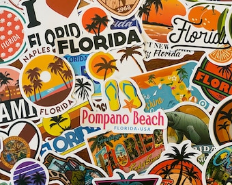 Florida Sticker Set of 50,  Florida Cities, Beach, Tropical  Waterproof Decals for Water Bottles, Notebooks, Crafts, Vacation Stickers,