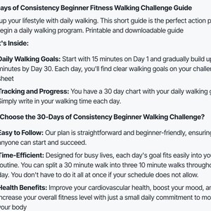 May include: A guide for a 30-day walking challenge to improve fitness. The guide includes daily walking goals, a tracking chart, and tips for success.  It is designed to be easy to follow and time-efficient.