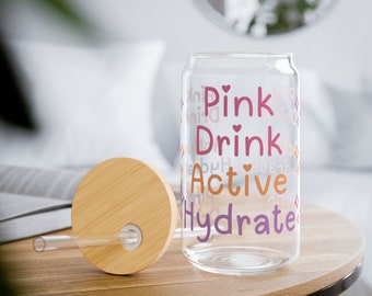 Pink Drink Active Hydrate Glass Sipper Cup with Wood Lid and Straw, Pink Drink Glass Holder for Slim,  Plexus 16oz Glass Cup  Plexus Gift