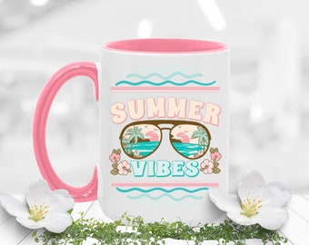 Summer Vibes Beach Tropical 15oz Pink White Accent Mug, Summer Vibes Ceramic Coffee Mug,  Summer Beach Tropical Coffee Cup Gift, Vacay Mug