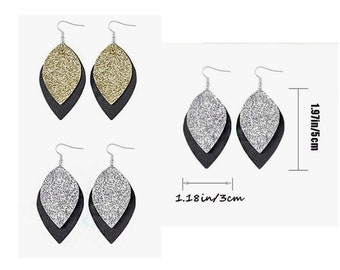 Faux Leather Earring, silver glitter, gold glitter black, lightweight earrings