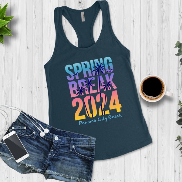 Panama City Beach Spring Break 2024 Tank Top for Women,  Spring Break PBC Workout Racerback Tank Top, Tropical Workout Tank