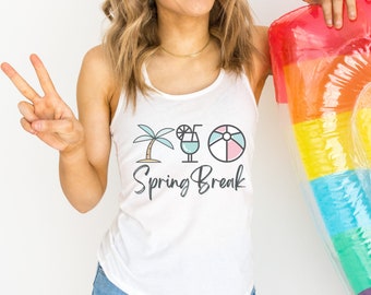 Spring Break Beach Tropical Workout Tank Top, Racerback Graphic Beachy Tank Top, Spring Break Tank Top, Pink Spring Break Tank , White Tank