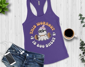 Funny Halloween Ghost Workout Tank Top for Women,  This Workout is Boo Sheet Humorous Gym Fitness Womens Fall  Tank Top
