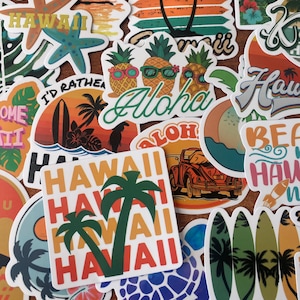 Hawaii Sticker Set 25 or 50 Small Beach Theme Tropical Hawaiian Vinyl Decals for Water Bottles, Laptops, Notebooks,Party Favors, Aloha Decal